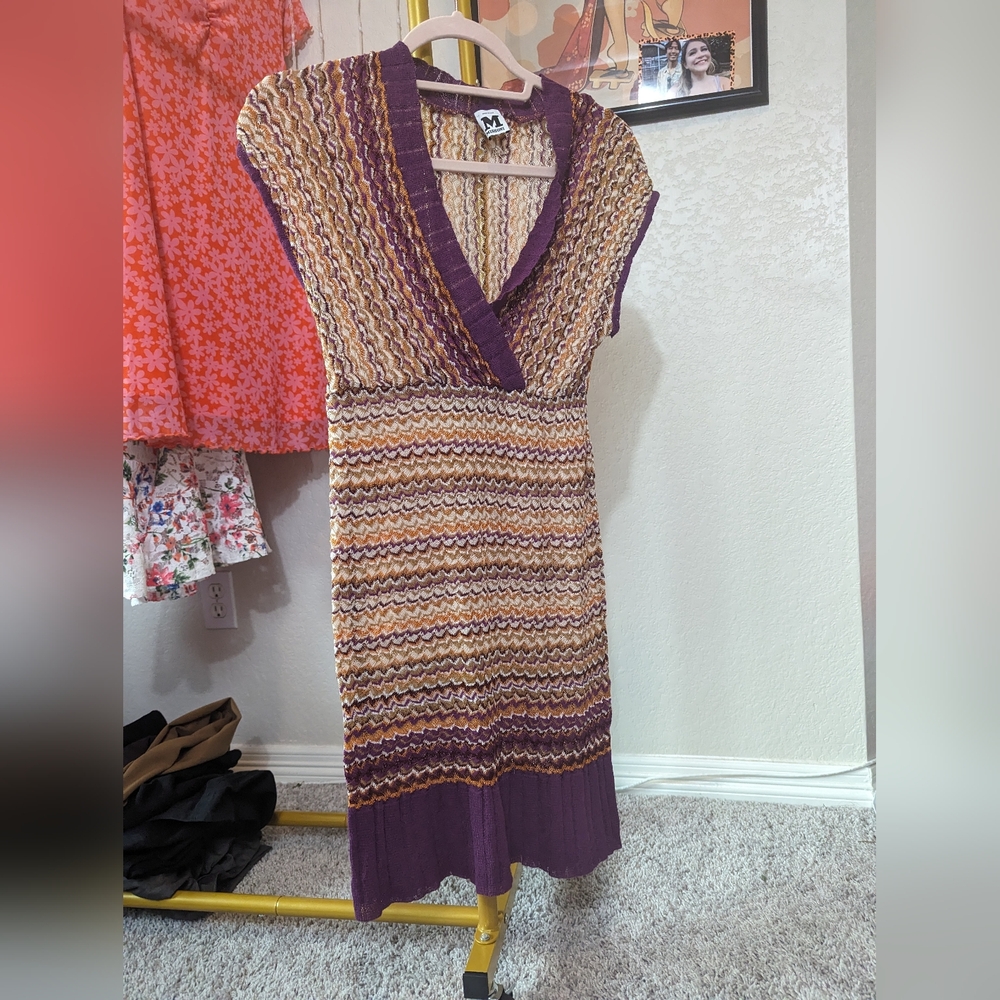 M Missoni Knit Dress w Liner V-Neck Short Sleeve Maroon Orange Cream Brown